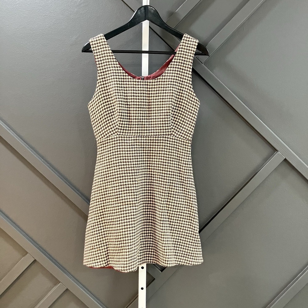 Jill Stuart Dress Womens 4 Brown Ivory Houndstooth Wool Sleeveless A-Line USA
